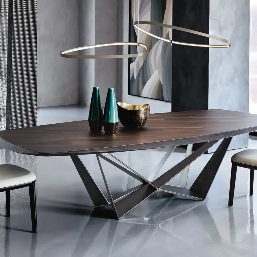Distinguished Cattelan Italia Skorpio Wood table with black embossed lacquered steel base and Canaletto walnut barrel top finish