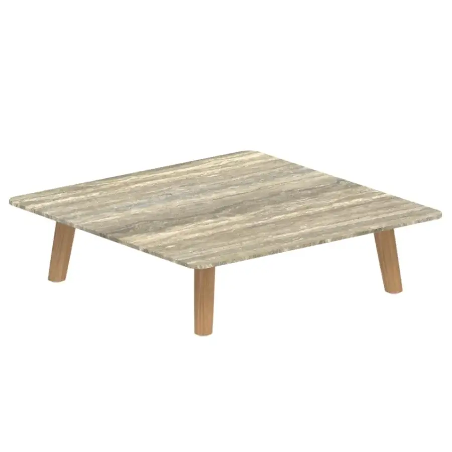 Comfortable Royal Botania Mambo Lounge coffee table in rectangular form, with softened corners, light wooden legs, and a matte finish showcasing linear streaks.