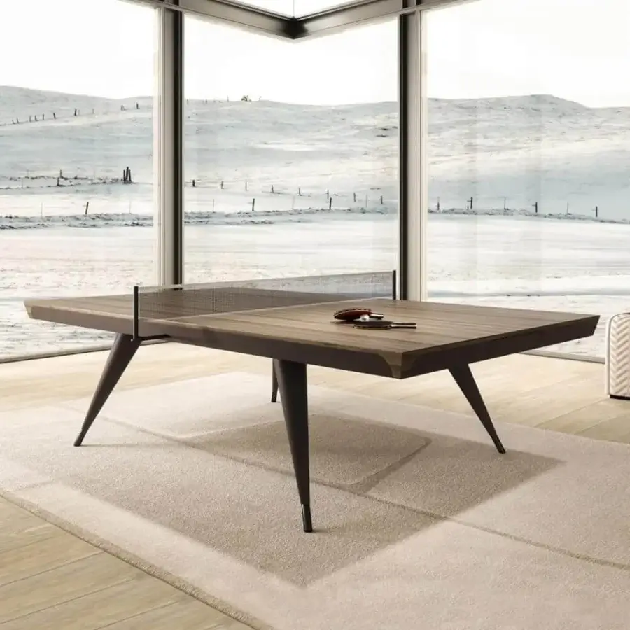 Exclusive Vismara Blade table tennis table with medium-brown Canaletto veneer and tapered metal legs in matte finish