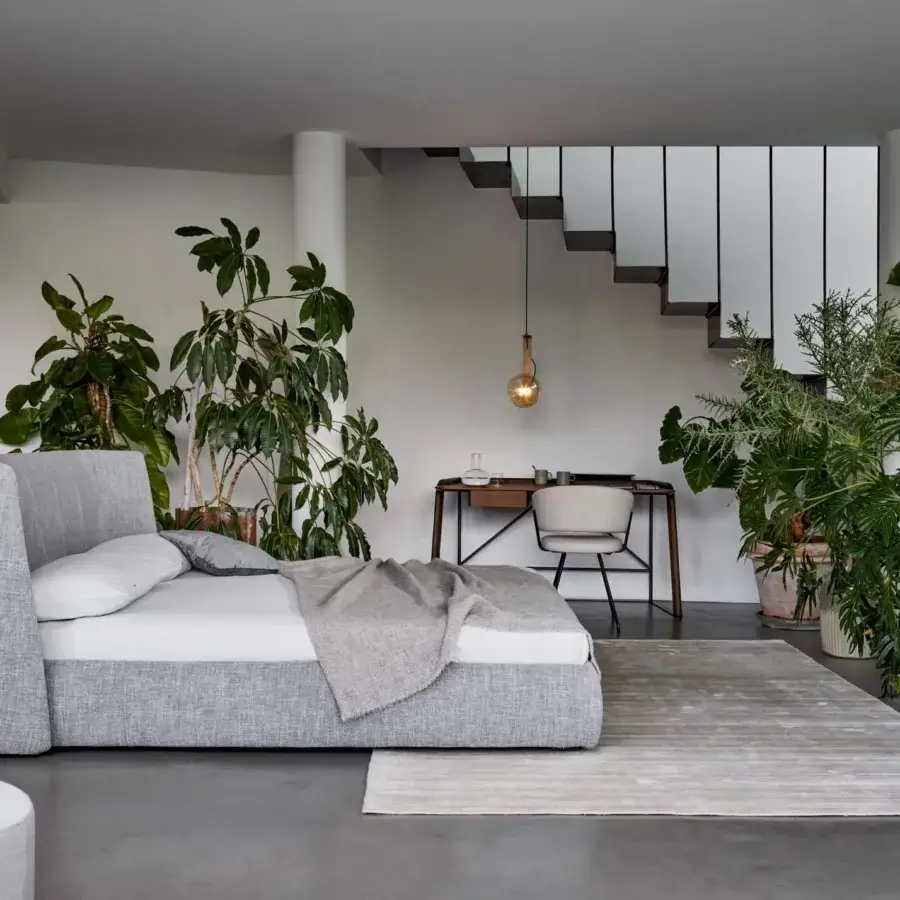 Exceptional Bonaldo Basket bed with soft light gray textile upholstery and anthracite painted wood feet