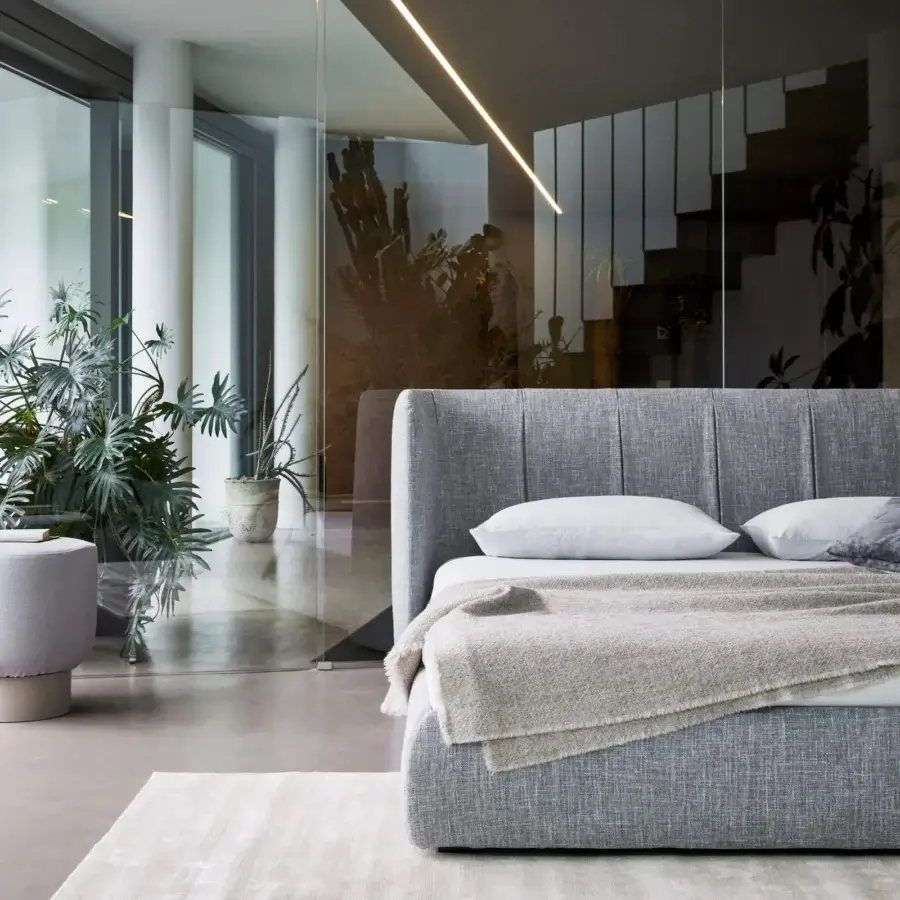 Distinguished Bonaldo Basket bed with vertically segmented headboard and removable light gray textured fabric upholstery with anthracite grey painted wood feet