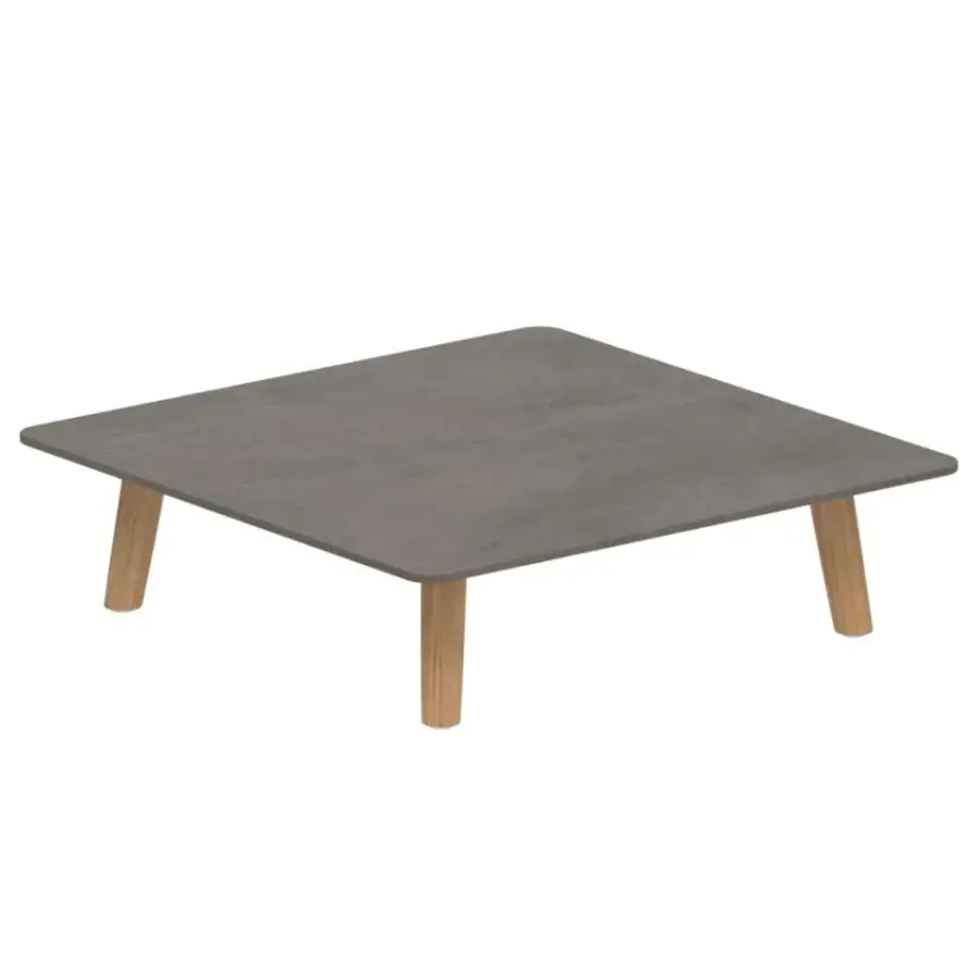 Exceptional Royal Botania Mambo lounge coffee table with dark gray matte tabletop and light brown teak wood legs