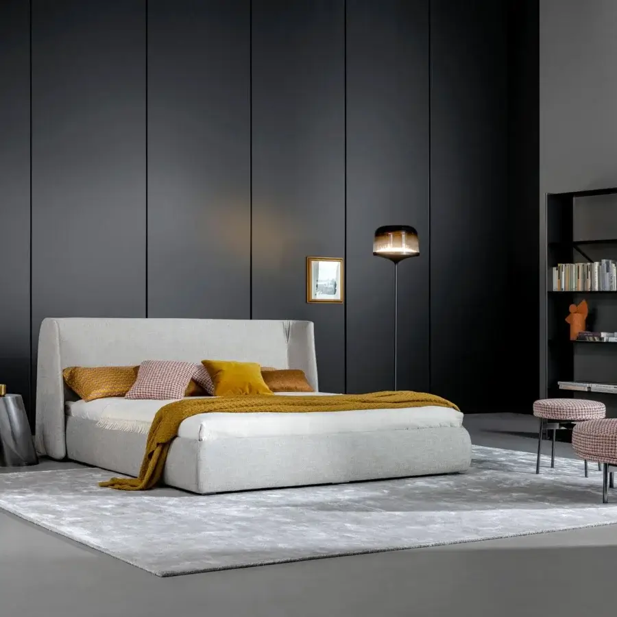 Exceptional Bonaldo Basket bed with enveloping headboard and anthracite grey painted wood square feet in light gray woven textile