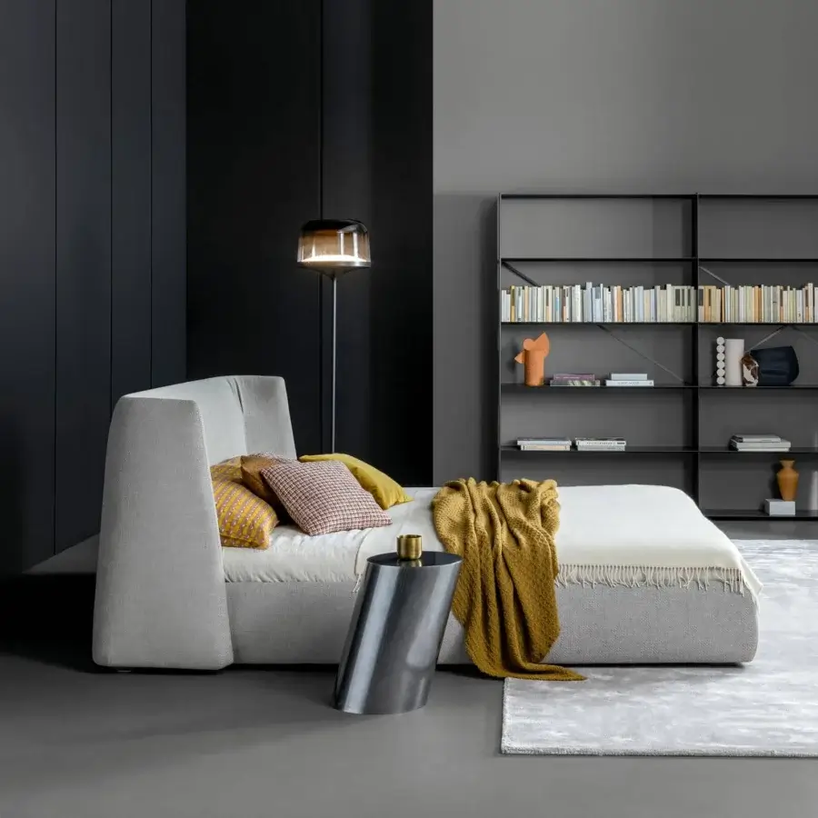 Lavish Bonaldo Basket bed with textured light gray upholstery and anthracite grey painted wood feet