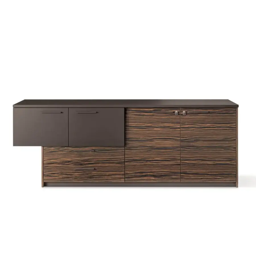 Innovative 4 Mariani Inca sideboard with lacquered top and veneered wood, exhibiting alternating dark and light brown tones