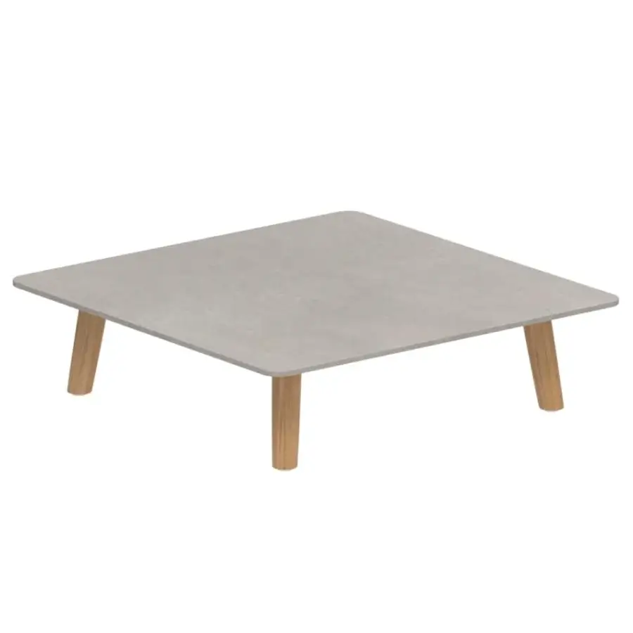 Exceptional Royal Botania Mambo lounge coffee table with light gray textured ceramic tabletop and natural teak wood legs