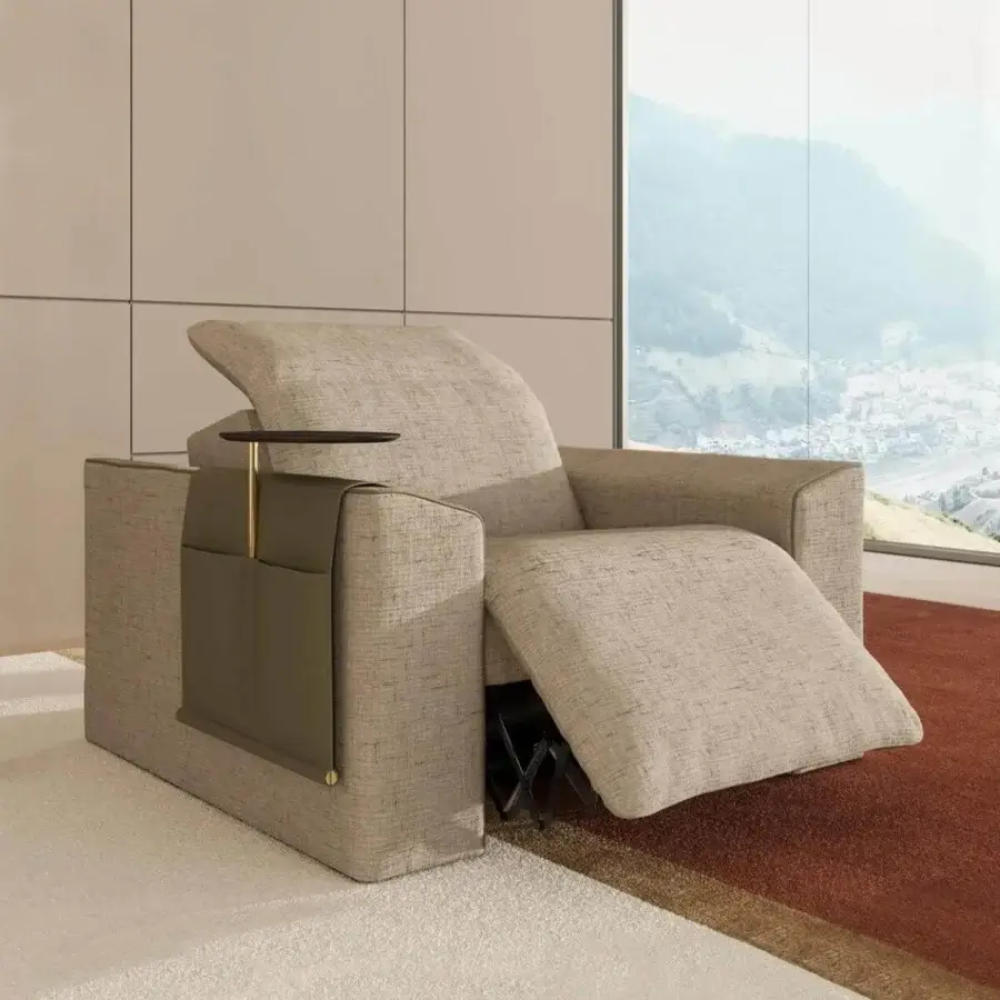 Exceptional Vismara Kubrik home cinema lounge chair in light beige textured textile with leather arm pockets