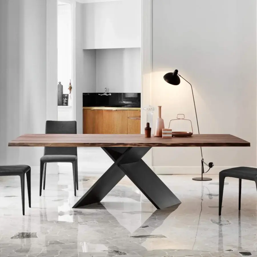 Exceptional Bonaldo AX table with rectangular wood top in dark brown and crossed metal base in dark finish