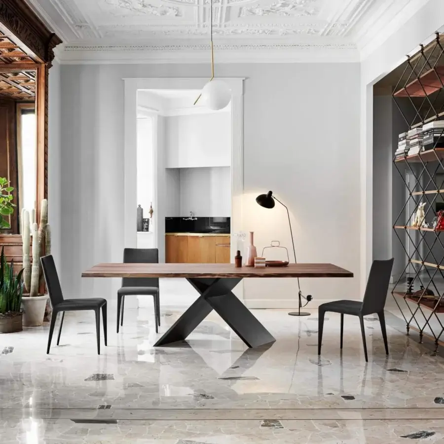 Superior Bonaldo AX table with rectangular wood top in warm brown and striking painted metal X base with matte finish