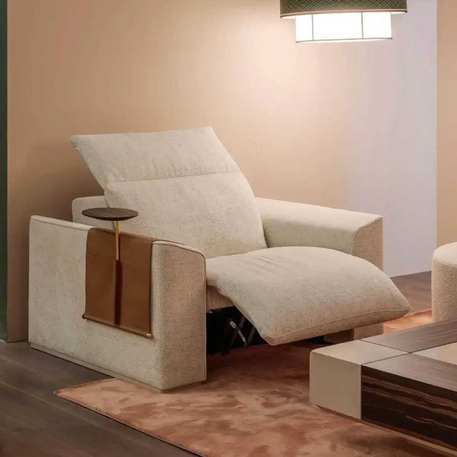 Superior Vismara Kubrik lounge chair with double reclining mechanism in light beige textured textile and brown leather accents
