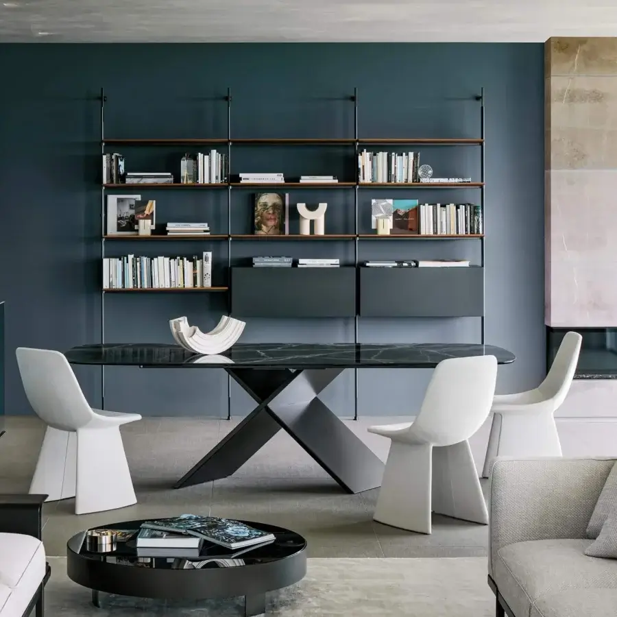 Superior Bonaldo AX table with dark ceramic top exhibiting complex veining and burnished metal X base in matte gray