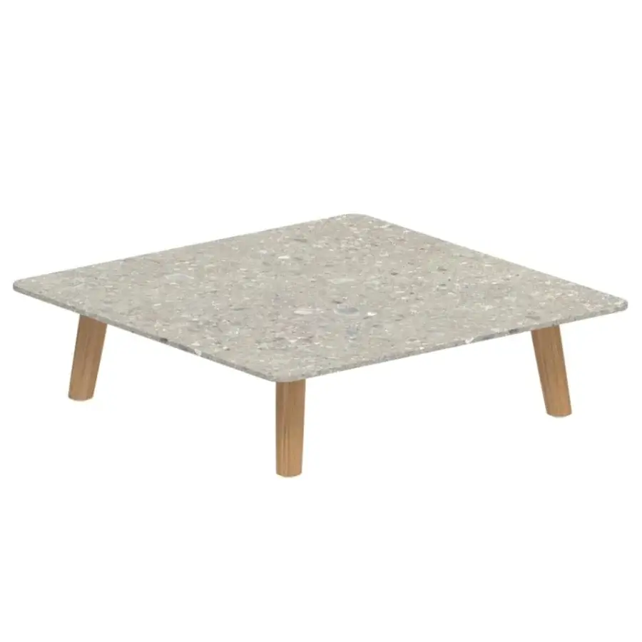 Luxury Royal Botania Mambo Lounge coffee table in rectangular form, with light gray ceramic top and natural wooden legs, matte finish.