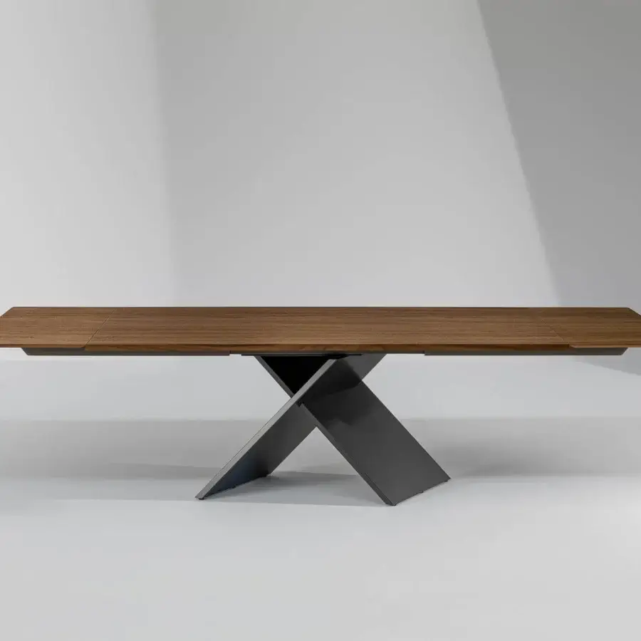 Distinguished Bonaldo AX table with medium brown wood top and dark gray matte metal X base
