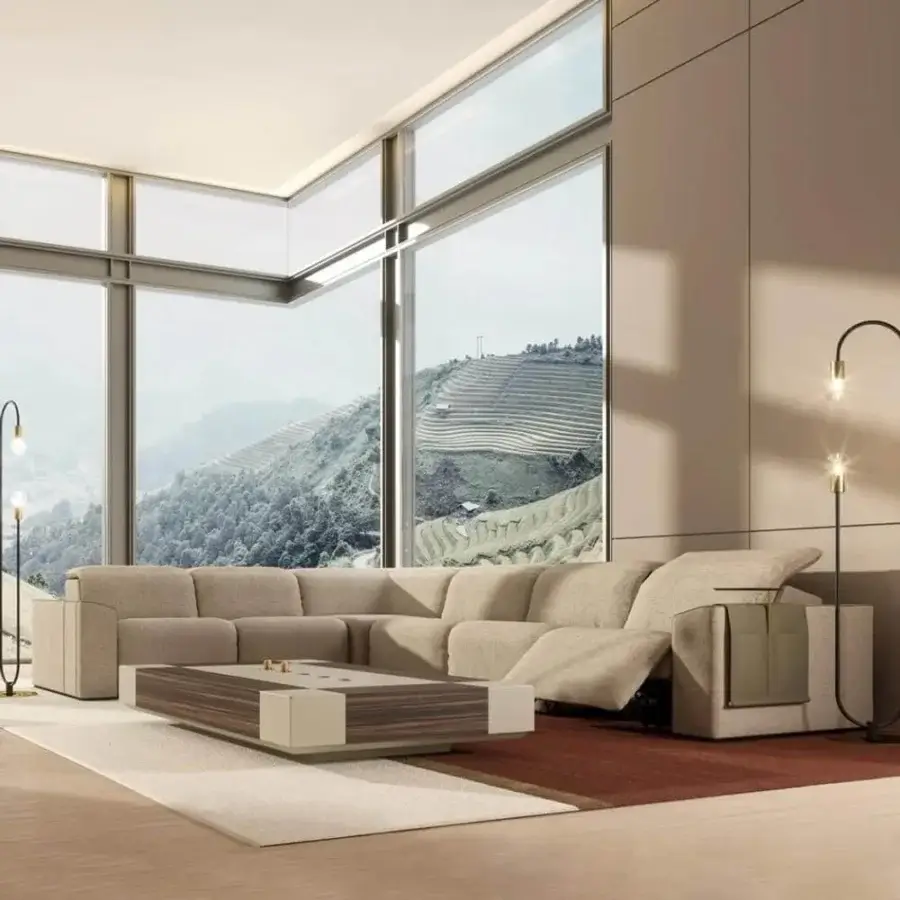 Lavish Vismara Kubrik sectional with double reclining mechanism upholstered in light beige textile with matte finish