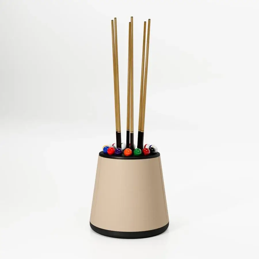 Superior Vismara Design Bobo cue rack in matte beige leather with black accents holds cues and billiard balls