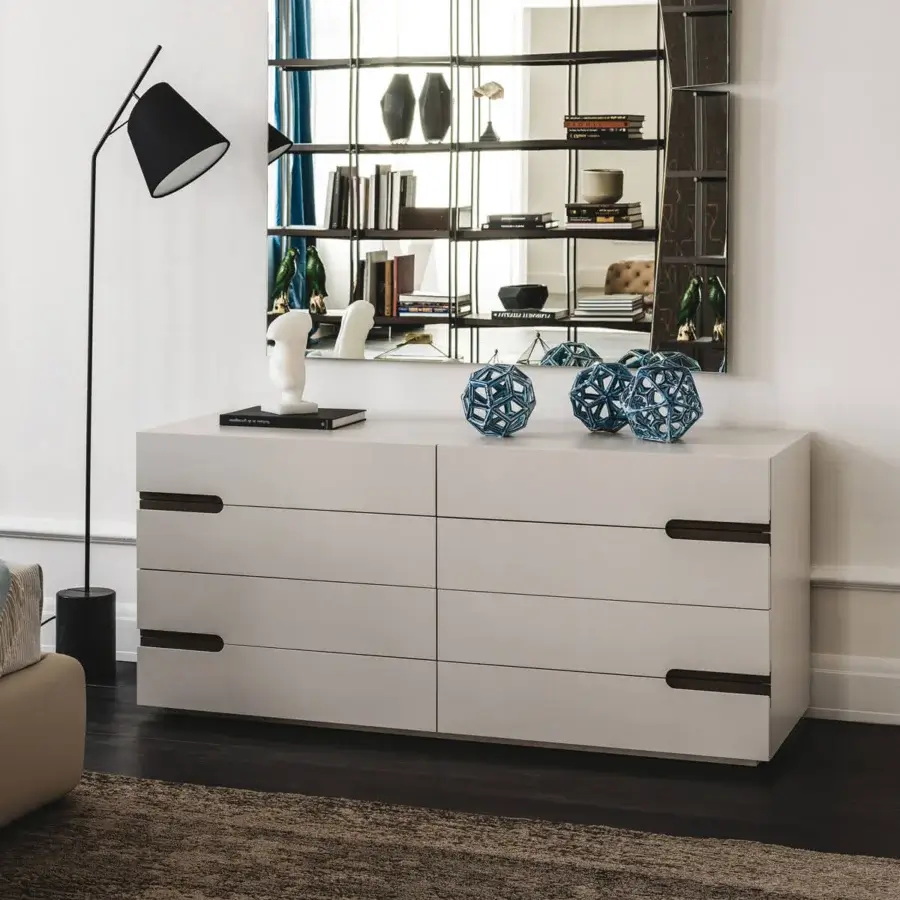 Elegant Cattelan Italia Ciro dresser in light grey embossed lacquered wood with recessed dark brown wood handles and plinth base