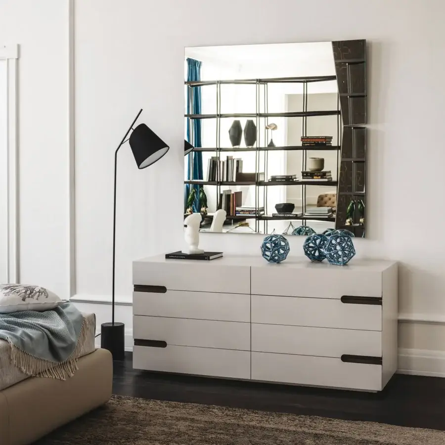 Distinguished Cattelan Italia Ciro dresser in oyster embossed lacquered wood with recessed dark handles and flush base
