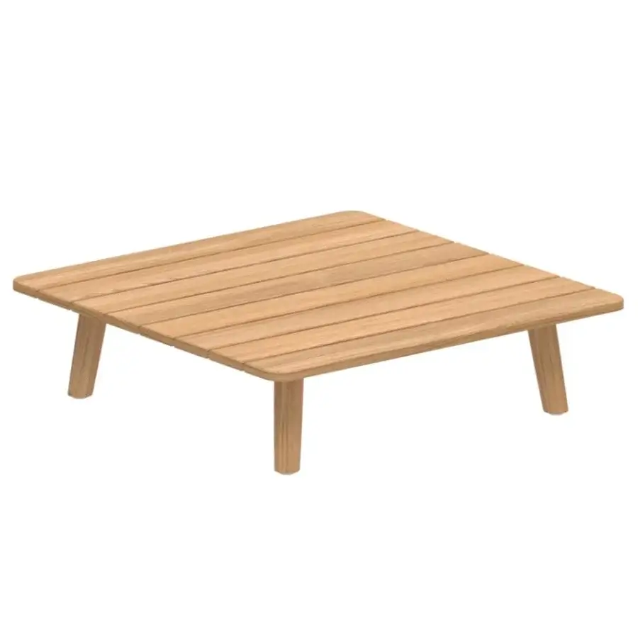 Luxury Royal Botania Mambo Lounge coffee table, wood with straight lines, finished in teak, supported by four cylindrical legs, ideal for outdoor lounge areas