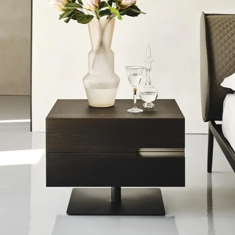 Refined Cattelan Italia Ciro nightstand with burned oak embossed lacquered wood and cylindrical metal supports
