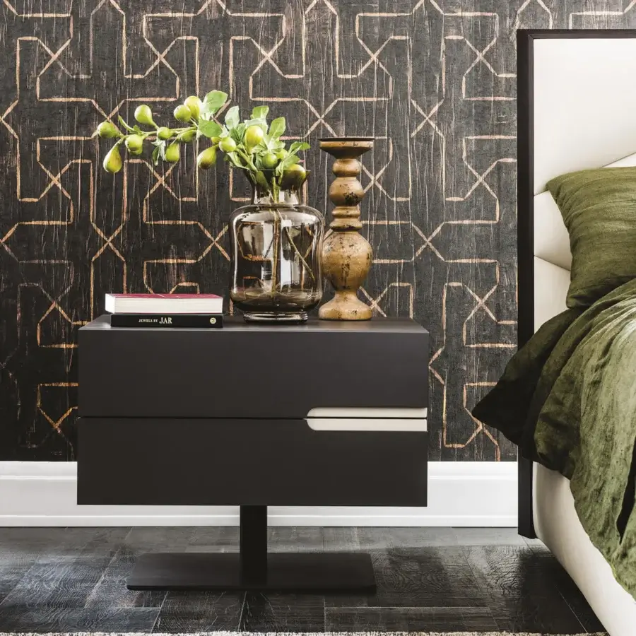 Elegant Cattelan Italia Ciro nightstand built with graphite embossed lacquered wood and dark gray fronts with white inset