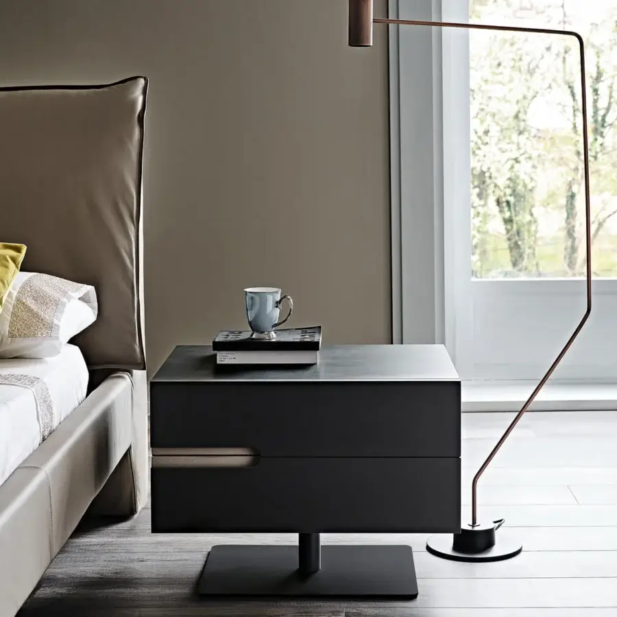 Sophisticated Cattelan Italia Ciro nightstand built with graphite embossed lacquered wood and recessed light brown handle