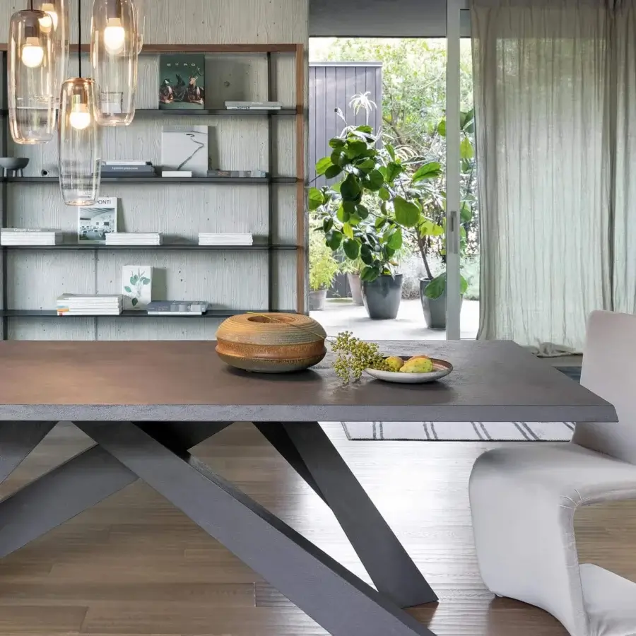 Distinguished Bonaldo Big table with intersecting dark gray metal supports and matte concrete-like tabletop