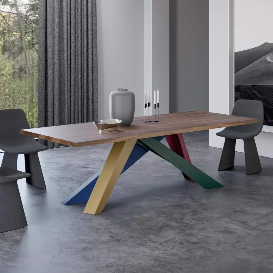 Distinctive Bonaldo Big table with veneered wood and laser-cut steel legs in blue, gold, green, and red
