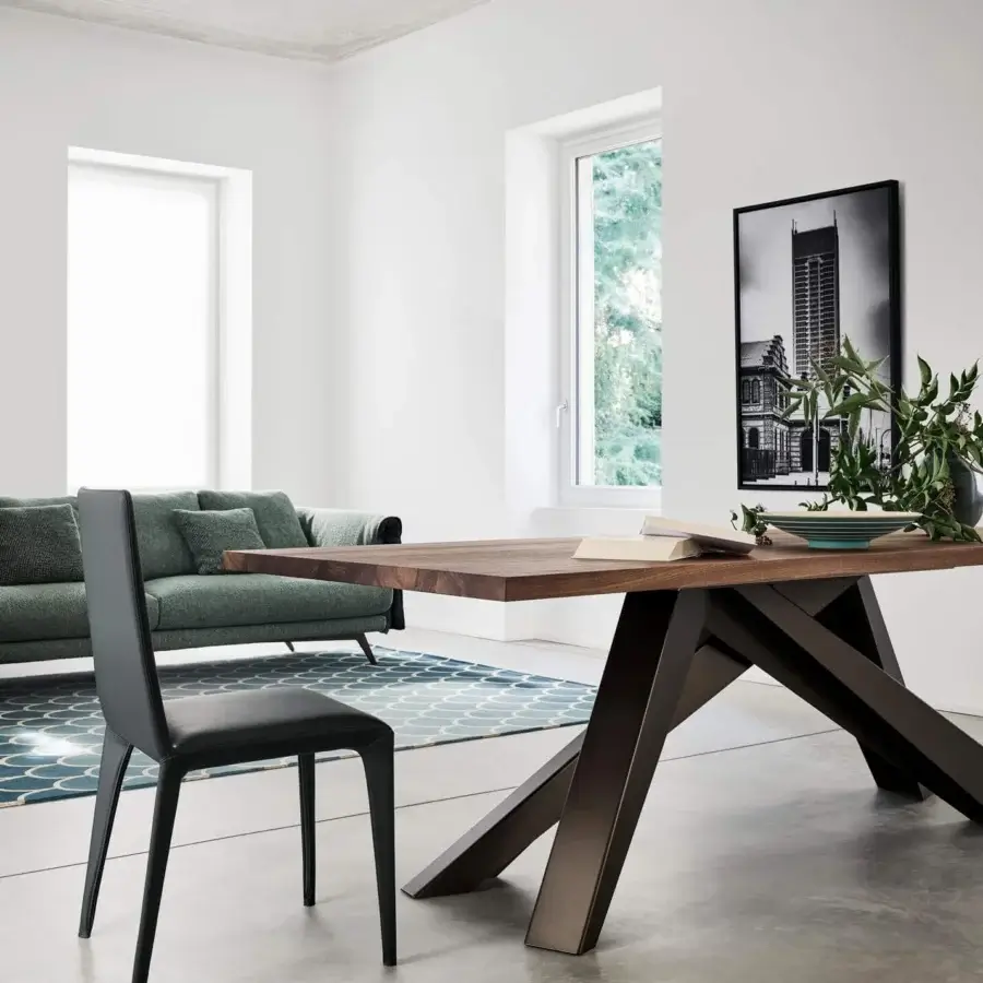 Elegant Bonaldo Big table with dark brown veneered wood and matte laser-cut steel base crafted with intersecting geometric beams