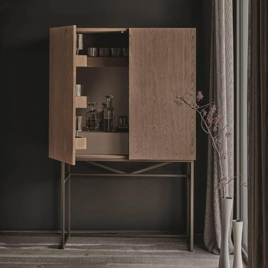 Distinguished Ditre Italia Unit Privé bar cabinet with brown wood and bonded leather, exhibiting a matte finish