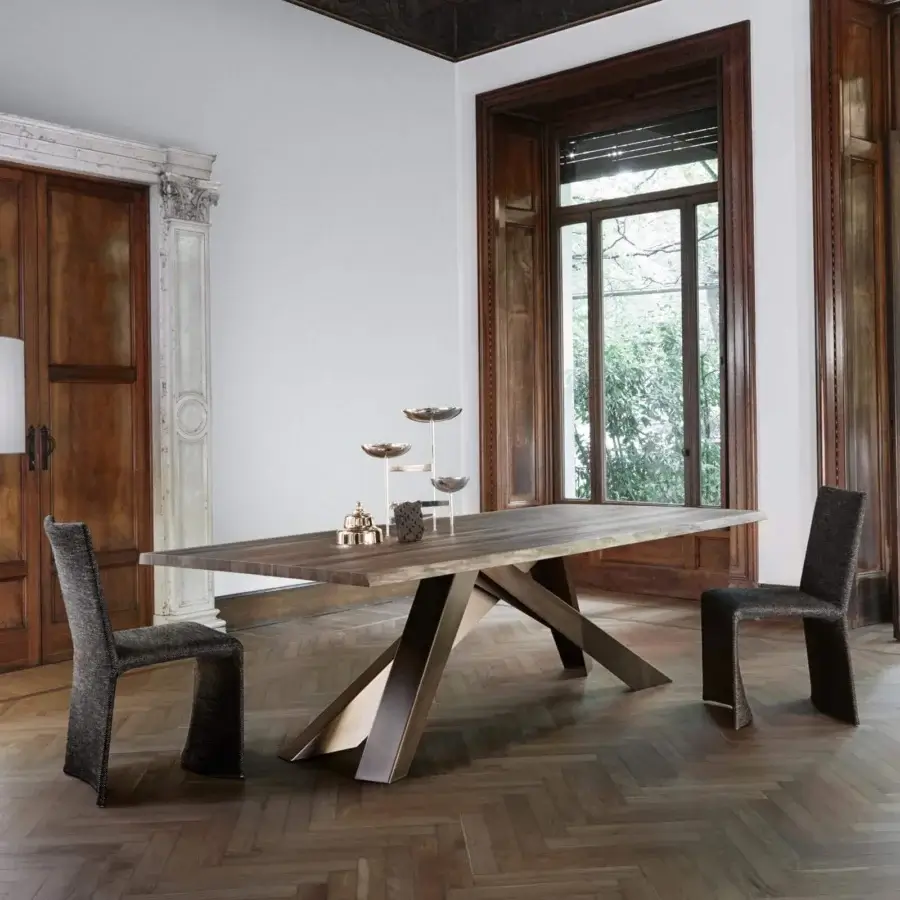 Superior Bonaldo Big table with a medium brown wood veneered top and intersecting geometric laser-cut steel legs in a bronze-like finish