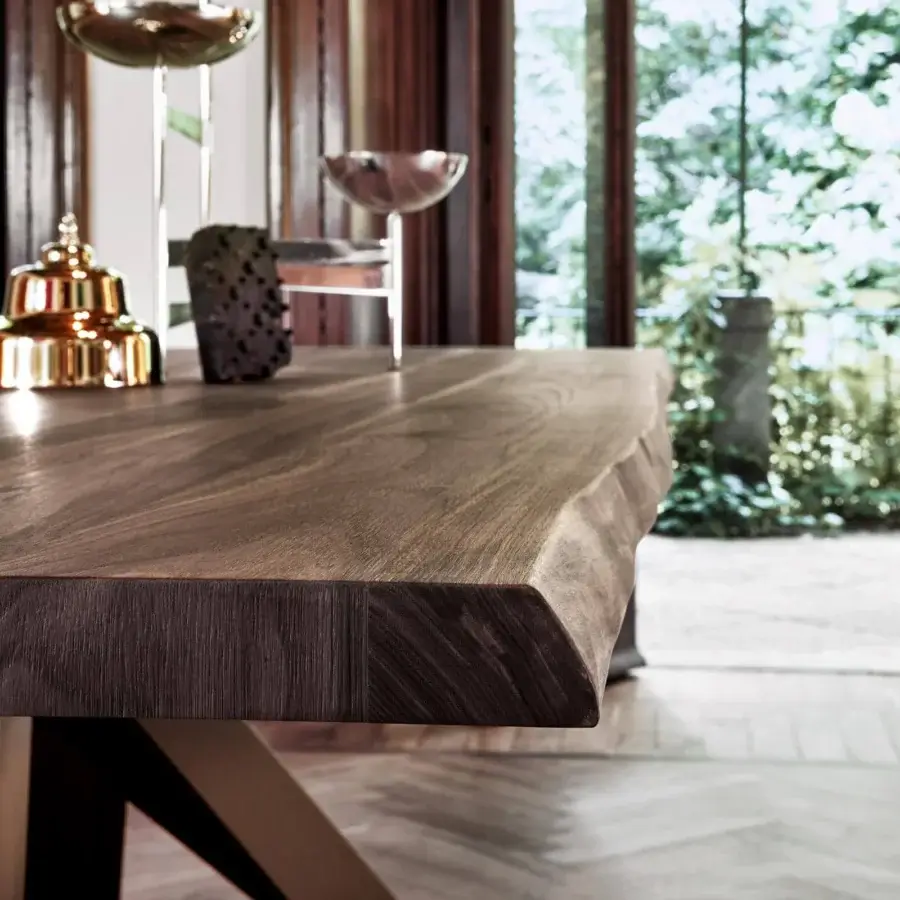Exceptional Bonaldo Big table with a dark brown veneered wood top and bronze laser-cut steel legs in a satin finish