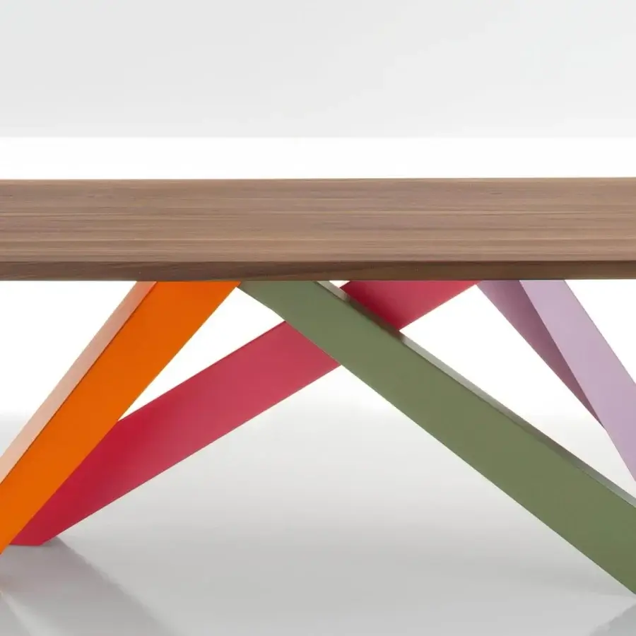 Distinguished Bonaldo Big table with a veneered wood top and dynamic laser-cut steel legs in orange, red, green, and lilac hues