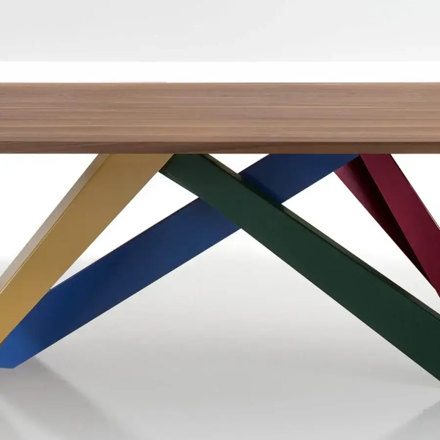 Innovative Bonaldo Big table with a medium brown veneered wood top and intersecting geometric laser-cut steel legs in yellow, blue, green, and red