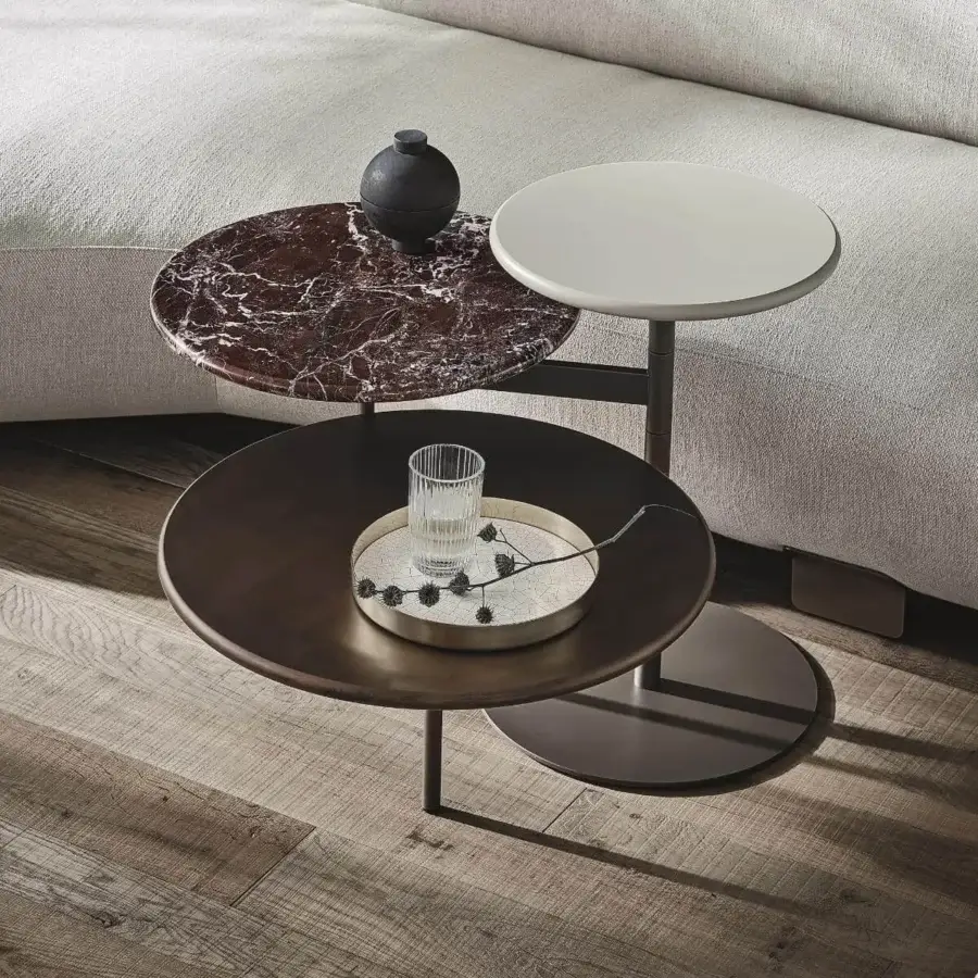 Exceptional Ditre Italia Tris coffee table with rotating tops in red-brown marble, dark brown and white, plus slender supports