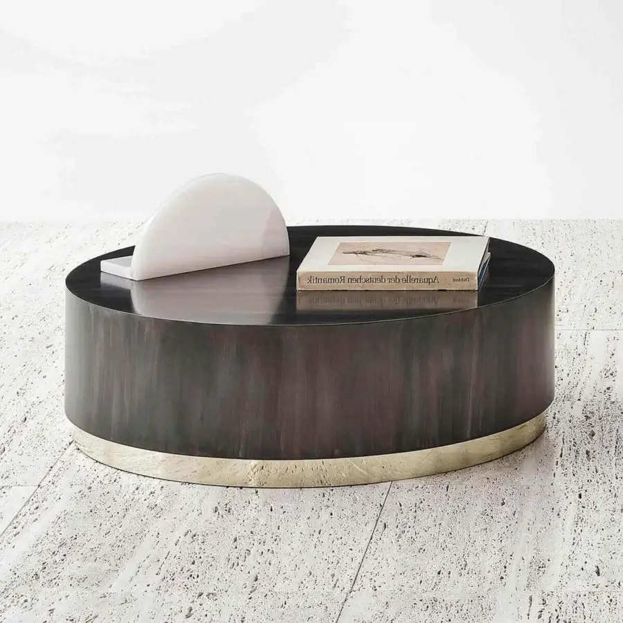 Exceptional Rugiano Genesi side table in flamed iron with glossy gold details and dark wood finish