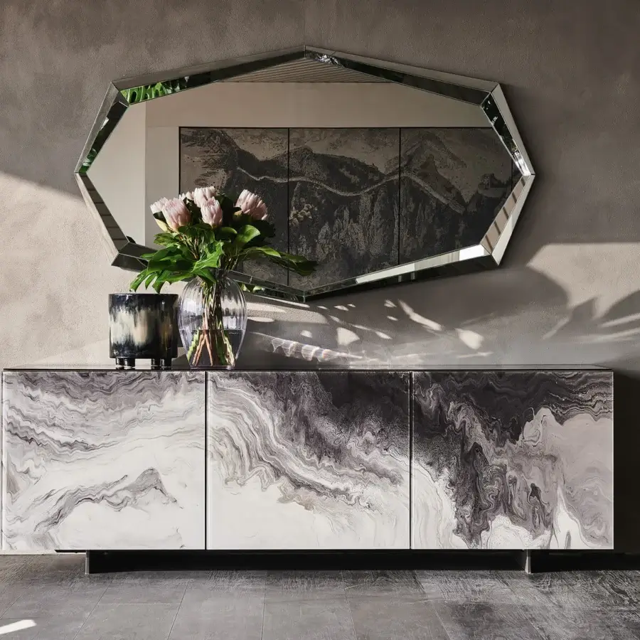 Superior Cattelan Italia Focus CrystalArt sideboard with extra clear glass doors displaying swirling marble patterns in graphite lacquered wood