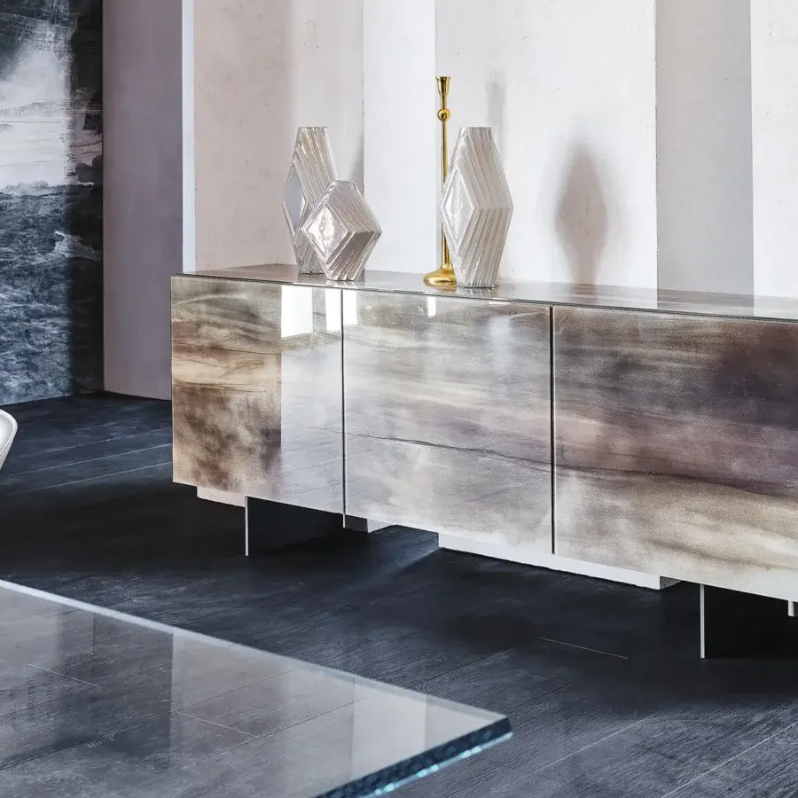 Distinguished Cattelan Italia Focus CrystalArt sideboard with extra clear glass doors displaying gradient decorative print and graphite varnished feet