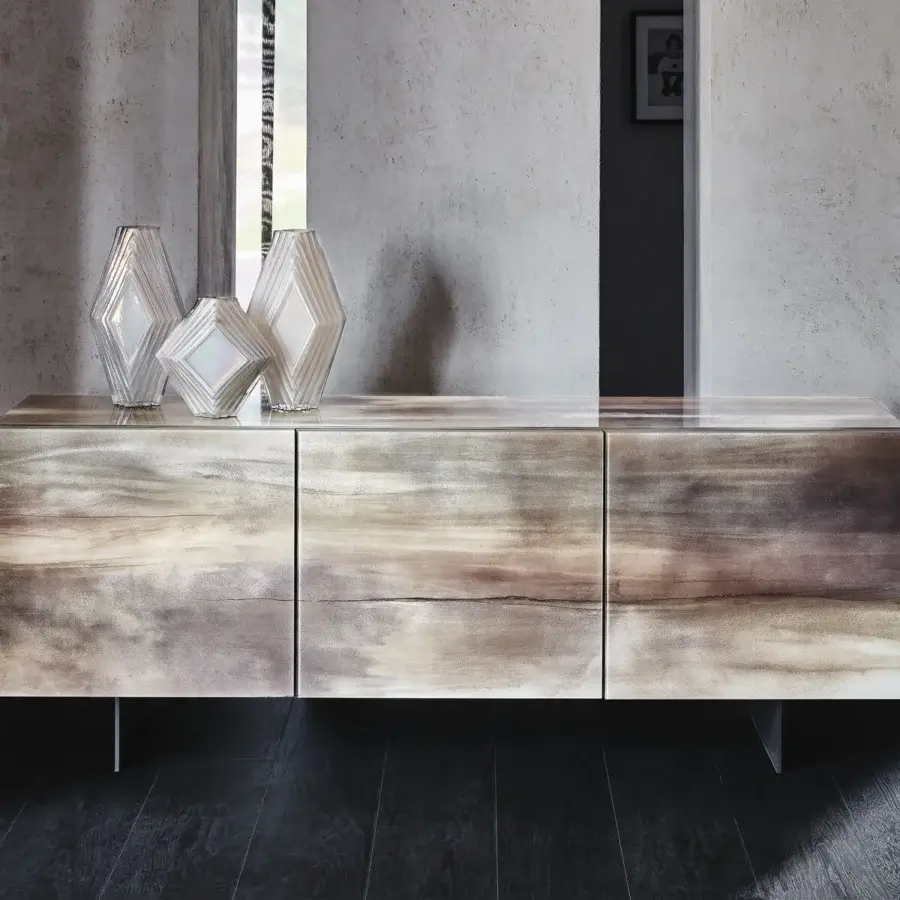 Exceptional Cattelan Italia Focus CrystalArt sideboard with matt graphite wood and extra clear glass doors displaying brown artistic printing