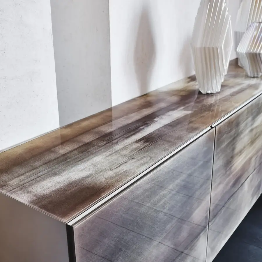 Superior Cattelan Italia Focus CrystalArt sideboard with extra clear glass doors in brown, grey, and white tones and matt graphite lacquered wood structure