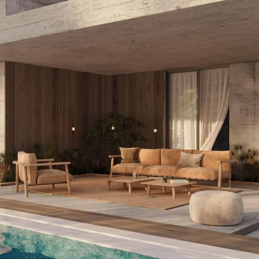 High-end Royal Botania Mambo Lounge coffee table in light brown natural wood with four teak legs for outdoor use.