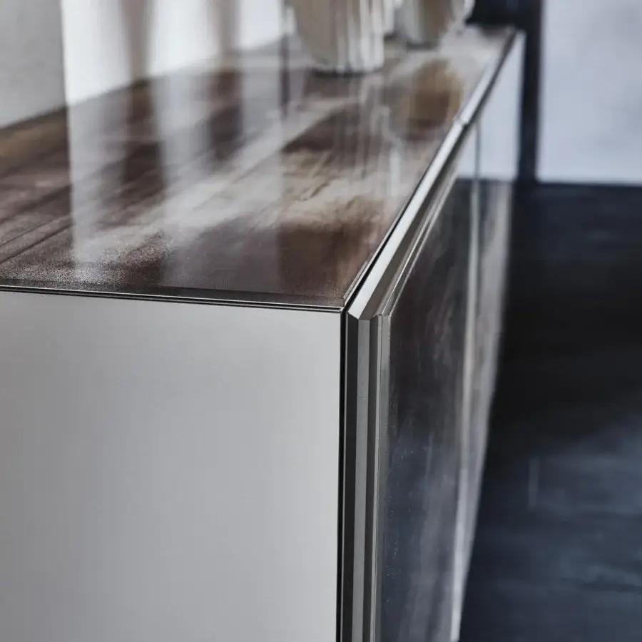 Elegant Cattelan Italia Focus CrystalArt sideboard with matt graphite wood and extra clear glass doors displaying artistic decorative printing