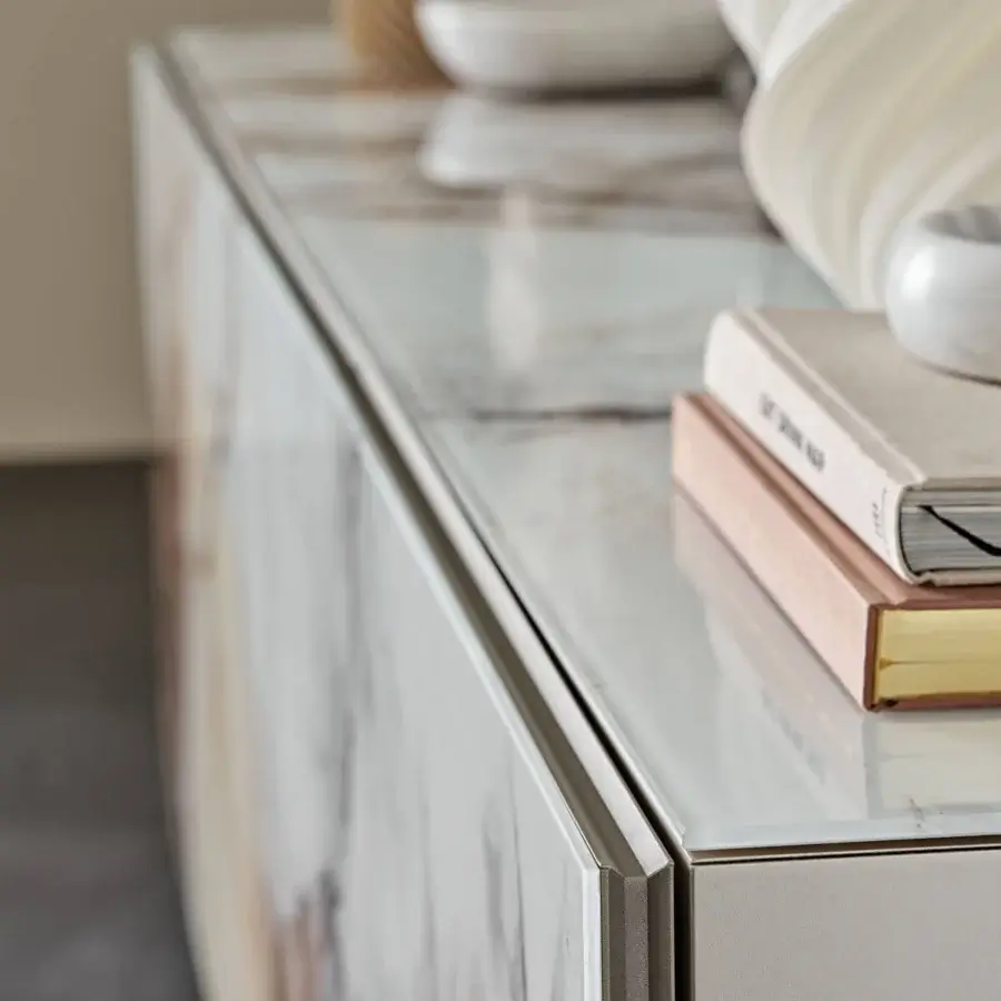 Distinguished Cattelan Italia Focus CrystalArt sideboard with matt graphite wood and extra clear glass doors crafted in titanium aluminum