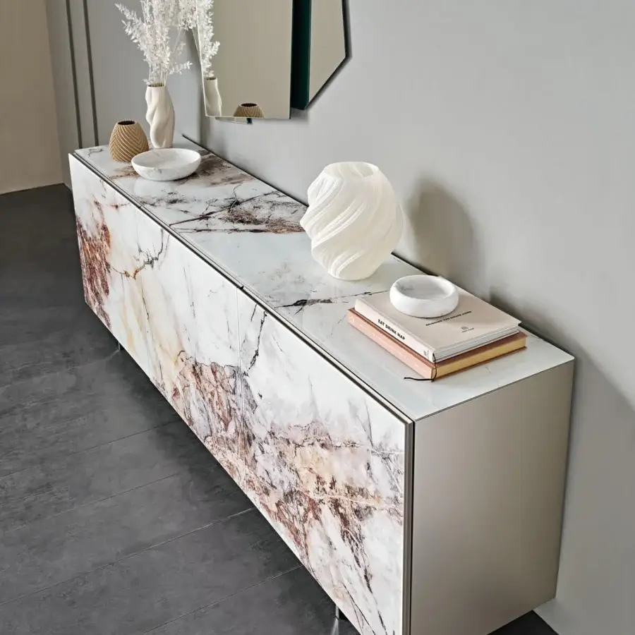 Captivating Cattelan Italia Focus CrystalArt sideboard with extra clear glass doors and matt graphite lacquered wood structure