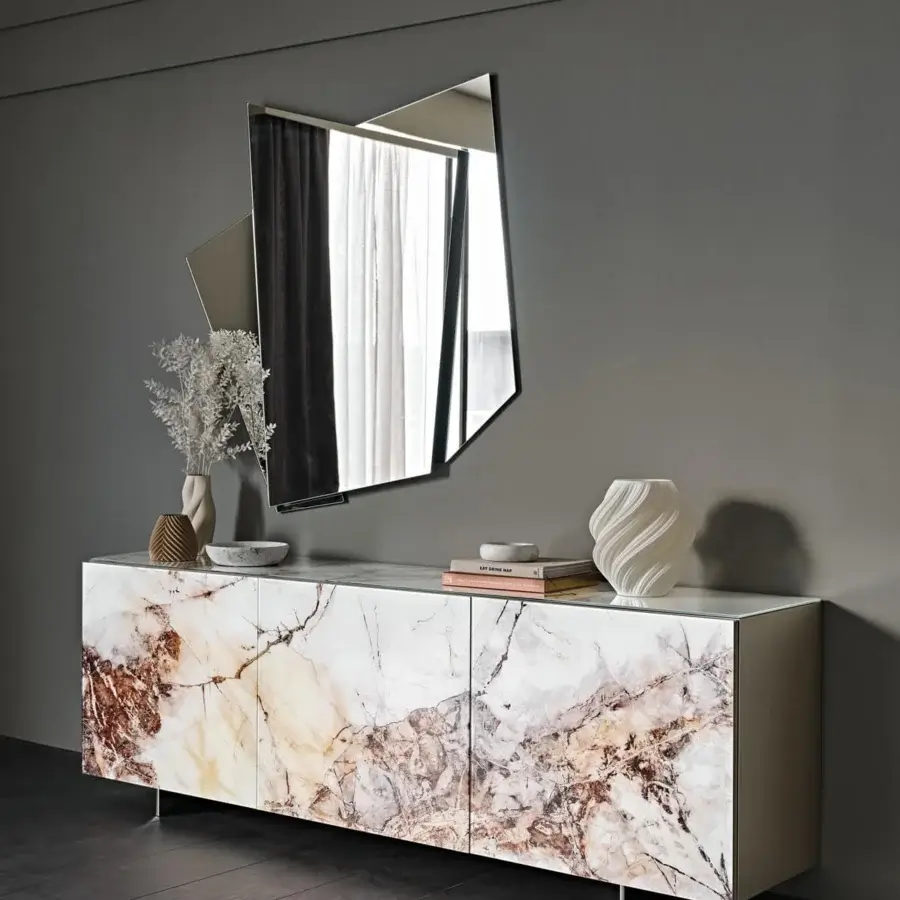 Exclusive Cattelan Italia Focus CrystalArt sideboard with extra clear glass doors in white, beige, brown and grey tones and neutral beige lacquered wood finish