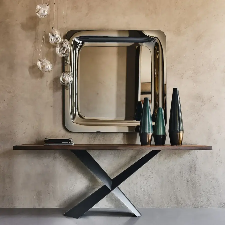 Distinguished Cattelan Italia Terminal console with graphite embossed lacquered steel base and Canaletto walnut wood top in dark brown finish