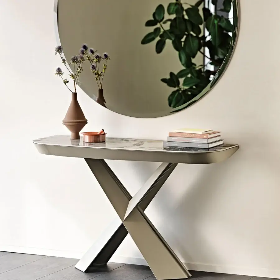 Elegant Cattelan Italia Terminal Keramik Drive console with embossed lacquered steel base and ceramic Marmi top