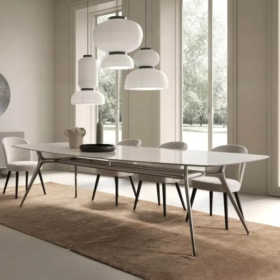 Distinguished Presotto P016 table with glossy light tabletop and satin metal base built with uniquely angled legs