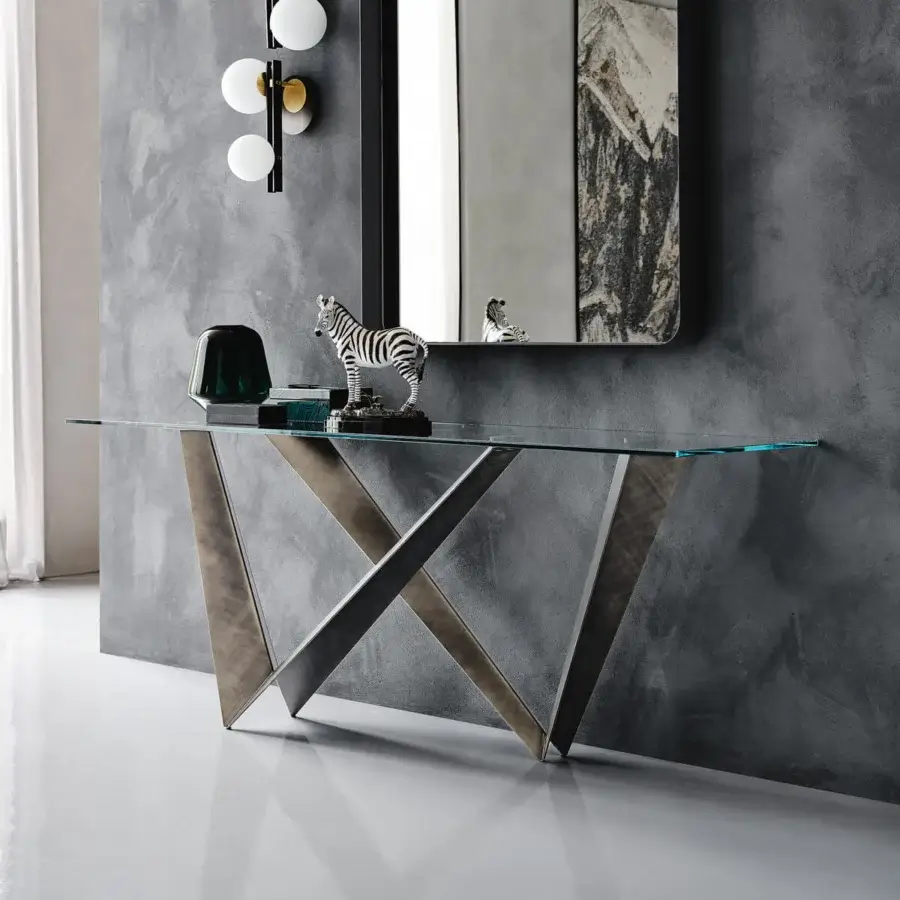 Distinguished Cattelan Italia Westin console with intersecting V-shaped base in graphite embossed lacquered steel and clear glass top