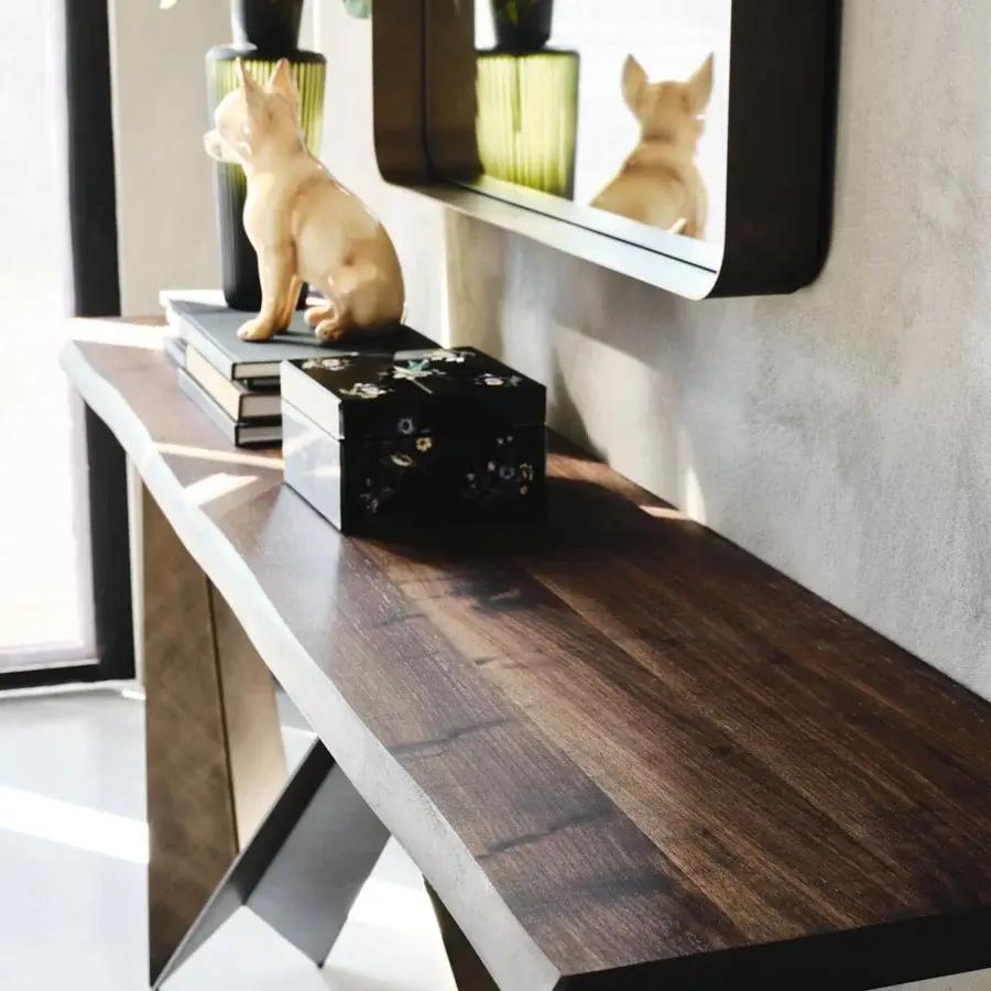 Elegant Cattelan Italia Westin console with titanium embossed lacquered steel and clear glass top