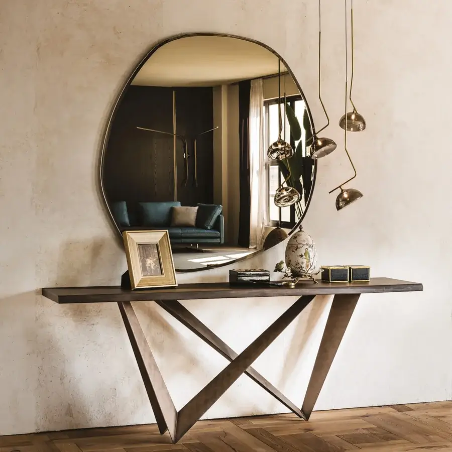 Superior Cattelan Italia Westin console with geometrically designed graphite embossed lacquered steel and extra clear glass top